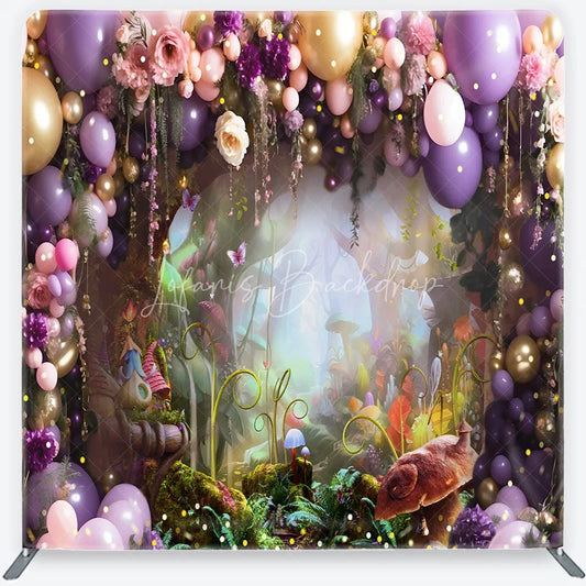 Lofaris Purple and Gold Balloons Enchanted Forest Square Double-Sided Backdrop Fairytale Garden Birthday Party Decor.