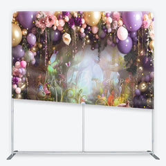 Lofaris Purple and Gold Balloons Enchanted Forest Square Double-Sided Backdrop Fairytale Garden Birthday Party Decor.