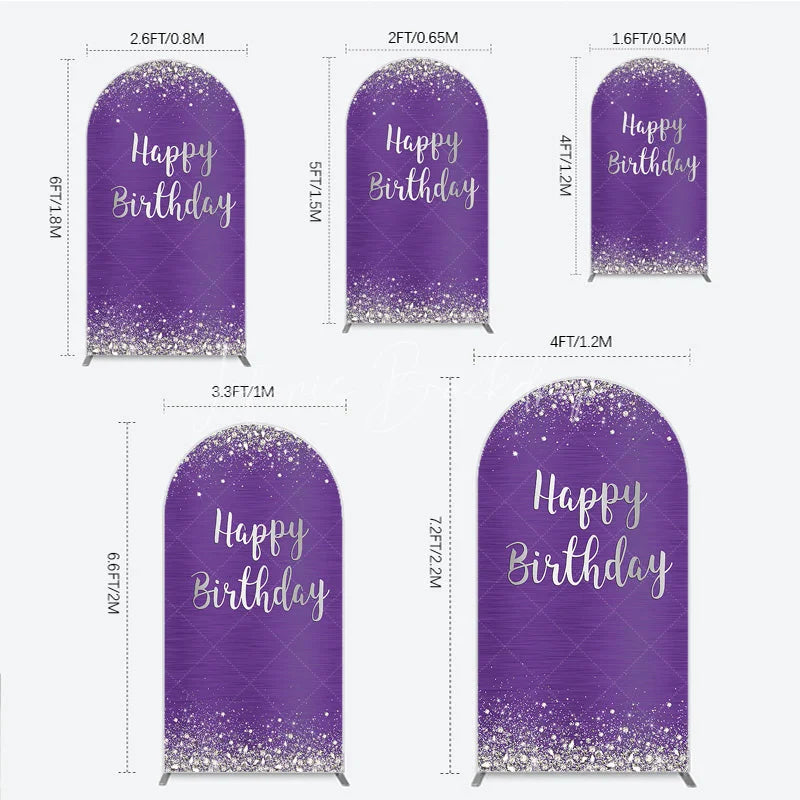 Lofaris Purple and Silver Glitter Happy Birthday Round Top Arch Backdrop Elegant Diamond Sparkle Party Decor