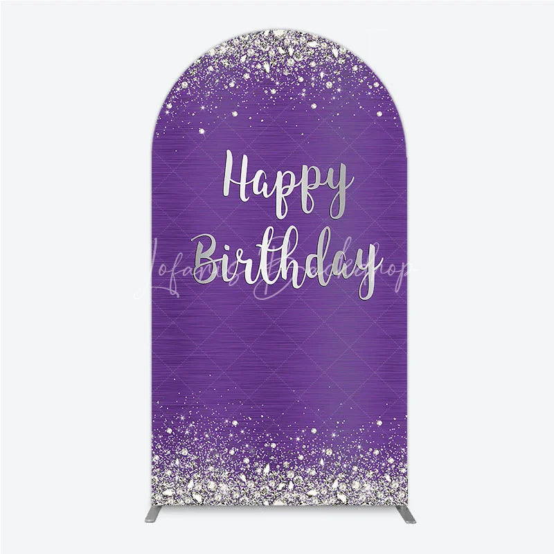 Lofaris Purple and Silver Glitter Happy Birthday Round Top Arch Backdrop Elegant Diamond Sparkle Party Decor