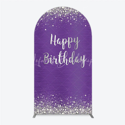 Lofaris Purple and Silver Glitter Happy Birthday Round Top Arch Backdrop Elegant Diamond Sparkle Party Decor