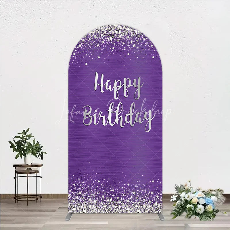 Lofaris Purple and Silver Glitter Happy Birthday Round Top Arch Backdrop Elegant Diamond Sparkle Party Decor