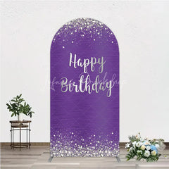 Lofaris Purple and Silver Glitter Happy Birthday Round Top Arch Backdrop Elegant Diamond Sparkle Party Decor