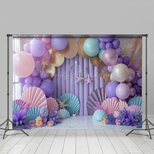 Lofaris Purple Arch Balloon Shells Stars Cake Smash Backdrop