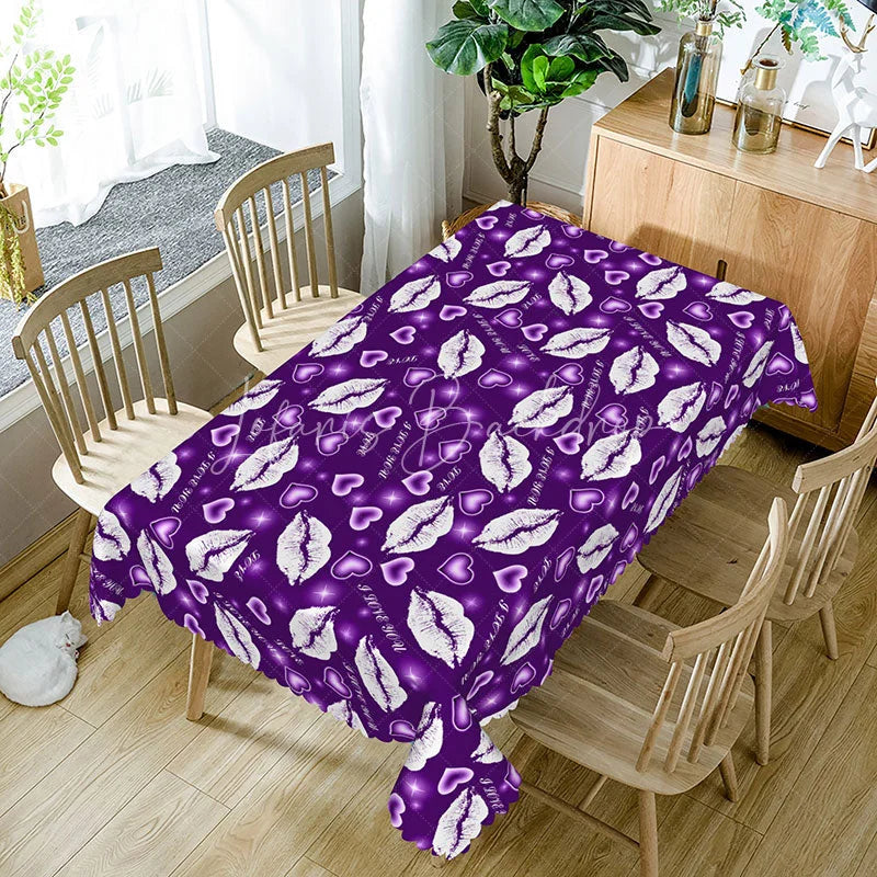 Lofaris Purple Background White Kiss Lip Rectangle Tablecloth I Love You Text Print Fun Galentine Party Decor