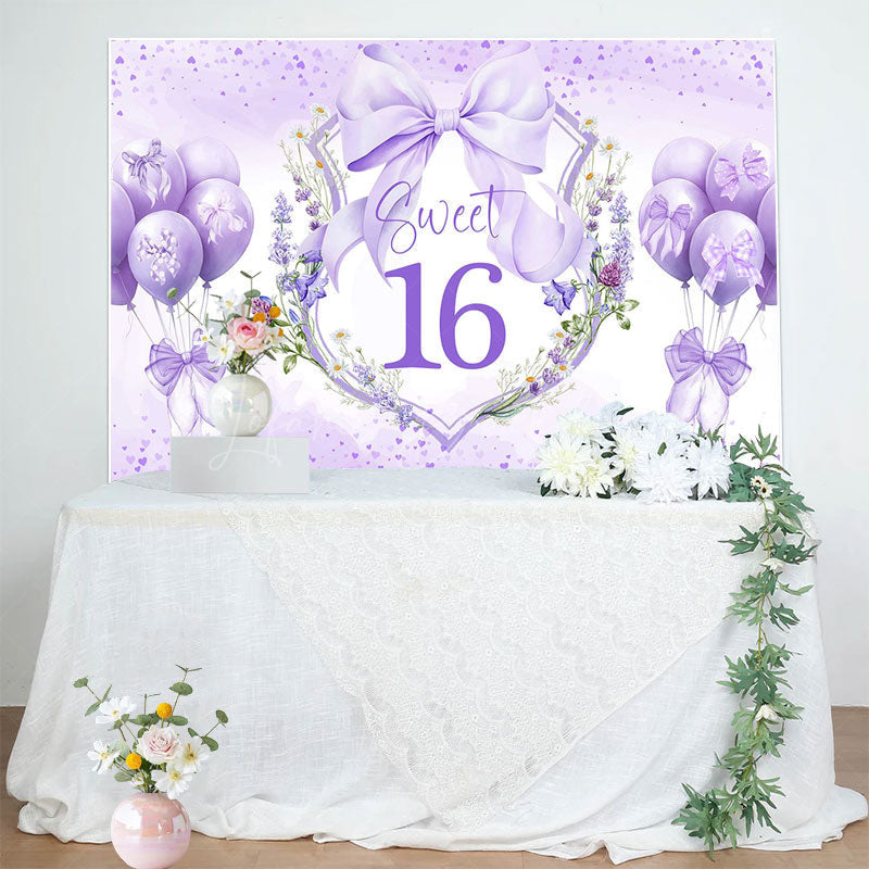 Lofaris Purple Balloons Bow Floral Sweet 16 Birthday Backdrop