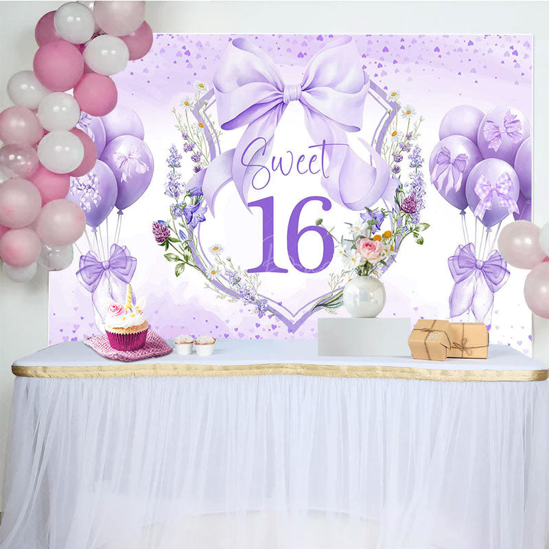 Lofaris Purple Balloons Bow Floral Sweet 16 Birthday Backdrop