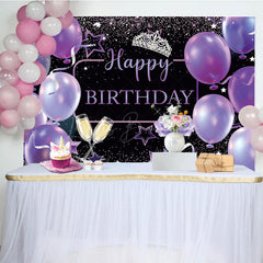 Lofaris Purple Balloons Glitter Crown Happy Birthday Backdrop