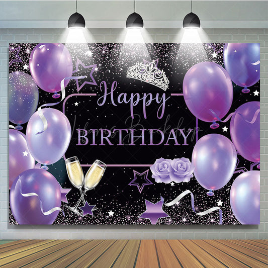 Lofaris Purple Balloons Glitter Crown Happy Birthday Backdrop