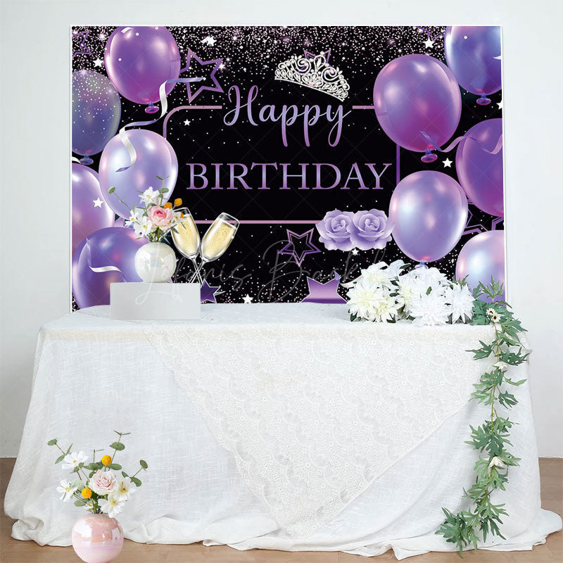 Lofaris Purple Balloons Glitter Crown Happy Birthday Backdrop