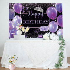 Lofaris Purple Balloons Glitter Crown Happy Birthday Backdrop
