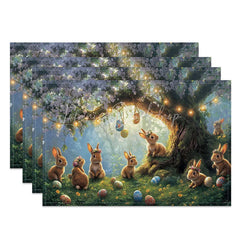 Lofaris Purple Blossom Bunny Set of 4 Placemats Spring Floral Tree Easter Holiday Table Mats Decor