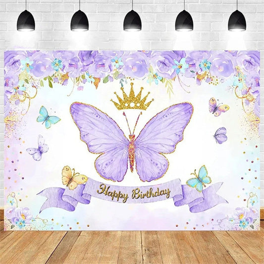 Lofaris Purple Butterfly and Floral Birthday Backdrop Whimsical Garden Vibe for Girl Elegant Sweet Party Photo Prop