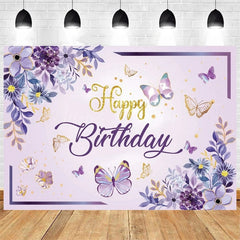 Lofaris Purple Butterfly and Floral Birthday Backdrop Whimsical Garden Vibe for Girl Elegant Sweet Party Photo Prop