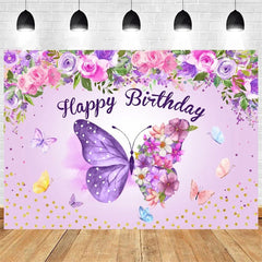 Lofaris Purple Butterfly and Floral Birthday Backdrop Whimsical Garden Vibe for Girl Elegant Sweet Party Photo Prop