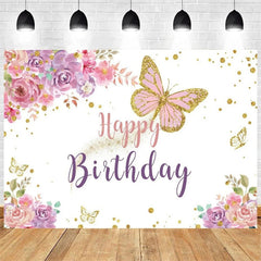 Lofaris Purple Butterfly and Floral Birthday Backdrop Whimsical Garden Vibe for Girl Elegant Sweet Party Photo Prop