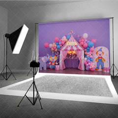 Lofaris Purple Circus Tent Photography Backdrop with Circo Sign Clowns and Balloons for Kids Birthday Party