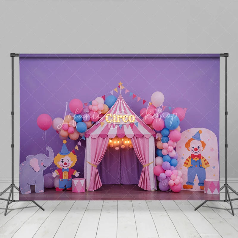Lofaris Purple Circus Tent Photography Backdrop with Circo Sign Clowns and Balloons for Kids Birthday Party