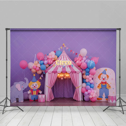 Lofaris Purple Circus Tent Photography Backdrop with Circo Sign Clowns and Balloons for Kids Birthday Party