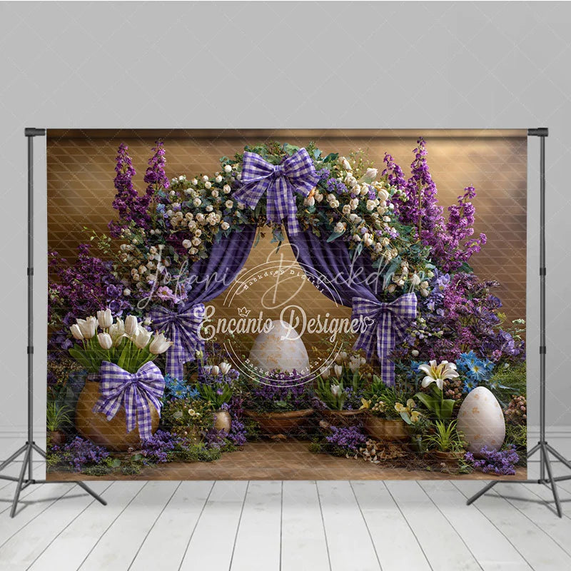 Lofaris Purple Floral Arch Easter Room Set Backdrop Plaid Bows and Giant Eggs Spring Photography Studio Background