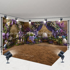 Lofaris Purple Floral Arch Easter Room Set Backdrop Plaid Bows and Giant Eggs Spring Photography Studio Background