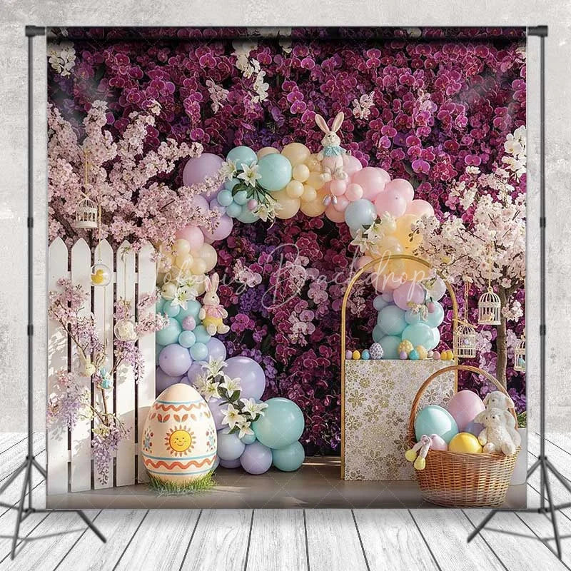 Lofaris Purple Floral Easter Backdrop Spring Garden Balloon Arch Bunny Photography Background Holiday Party Decoration