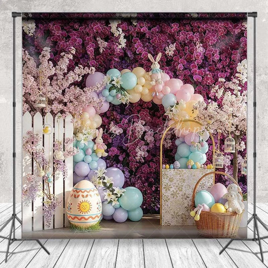 Lofaris Purple Floral Easter Backdrop Spring Garden Balloon Arch Bunny Photography Background Holiday Party Decoration