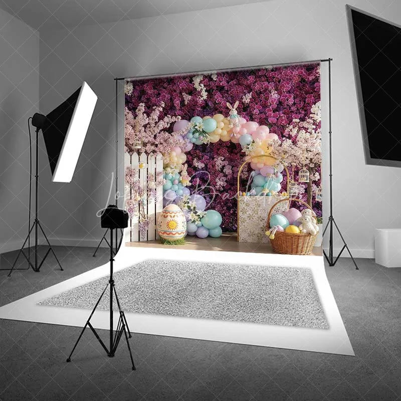 Lofaris Purple Floral Easter Backdrop Spring Garden Balloon Arch Bunny Photography Background Holiday Party Decoration