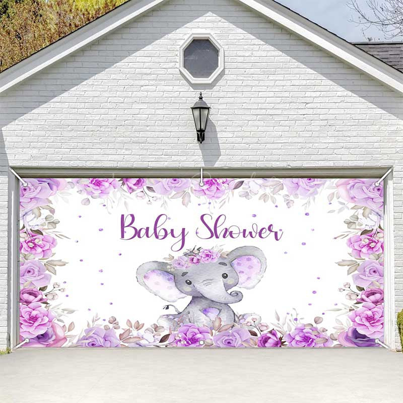 Lofaris Purple Floral Elephant Baby Shower Garage Door Banner