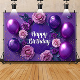 Lofaris Purple Floral Happy Birthday Backdrop for Her Elegant Roses and Balloons Glamorous Women’s Party Photo Booth Decor
