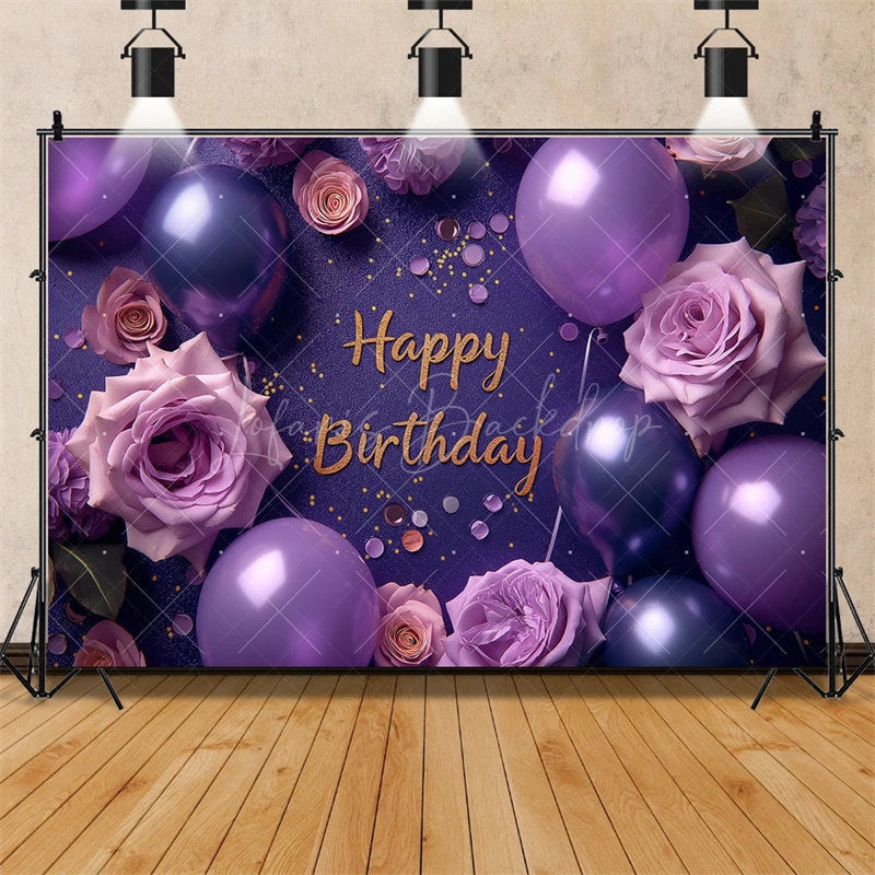 Lofaris Purple Floral Happy Birthday Backdrop for Her Elegant Roses and Balloons Glamorous Women’s Party Photo Booth Decor