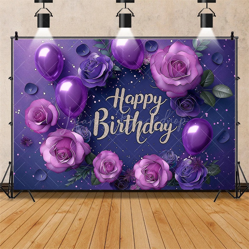 Lofaris Purple Floral Happy Birthday Backdrop for Her Elegant Roses and Balloons Glamorous Women’s Party Photo Booth Decor