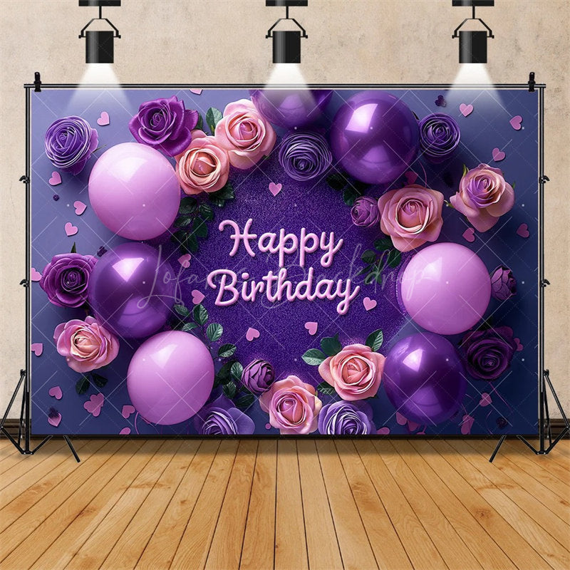 Lofaris Purple Floral Happy Birthday Backdrop for Her Elegant Roses and Balloons Glamorous Women’s Party Photo Booth Decor