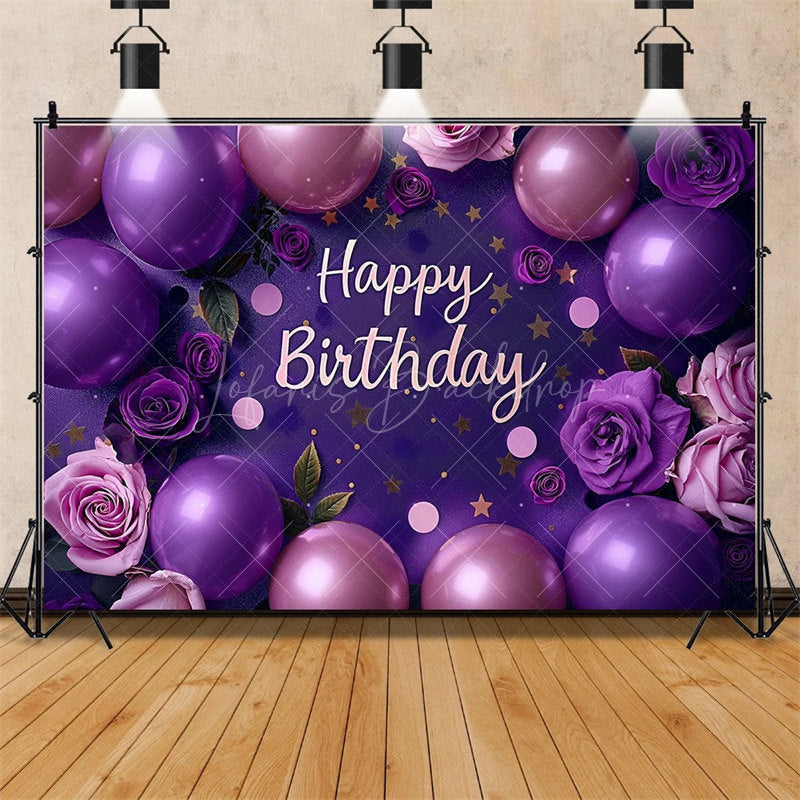 Lofaris Purple Floral Happy Birthday Backdrop for Her Elegant Roses and Balloons Glamorous Women’s Party Photo Booth Decor
