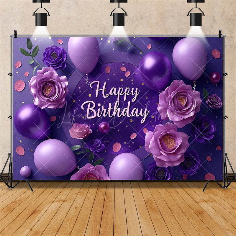 Lofaris Purple Floral Happy Birthday Backdrop for Her Elegant Roses and Balloons Glamorous Women’s Party Photo Booth Decor