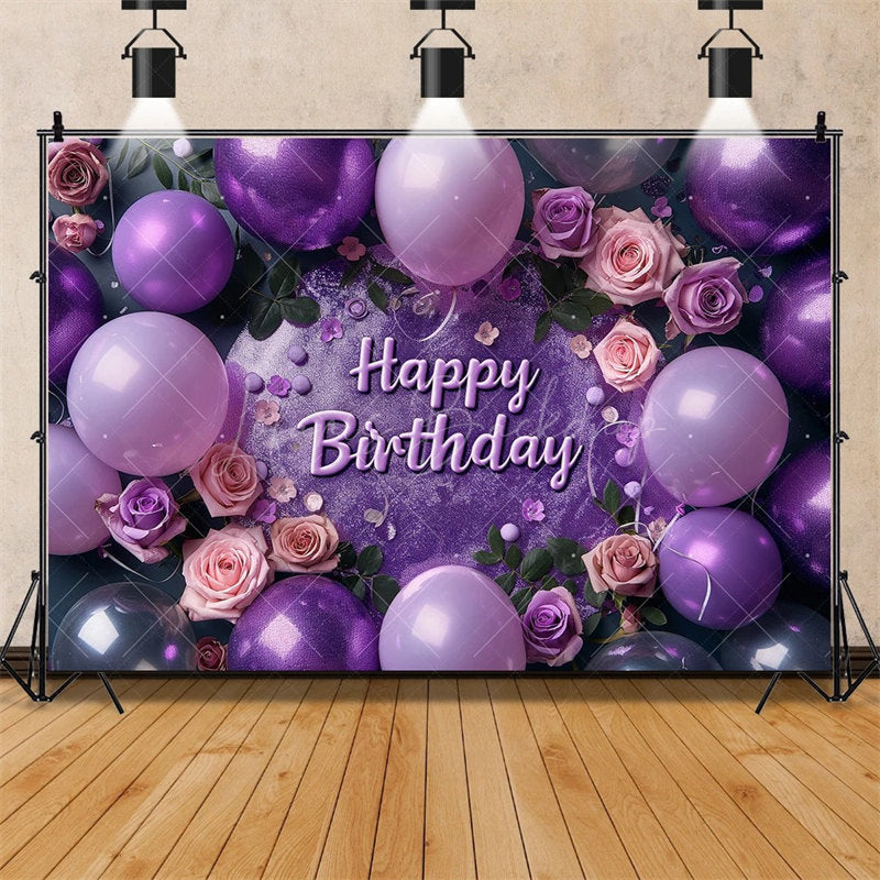 Lofaris Purple Floral Happy Birthday Backdrop for Her Elegant Roses and Balloons Glamorous Women’s Party Photo Booth Decor