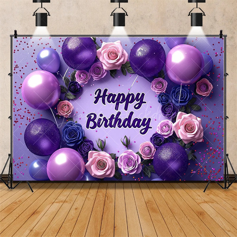 Lofaris Purple Floral Happy Birthday Backdrop for Her Elegant Roses and Balloons Glamorous Women’s Party Photo Booth Decor