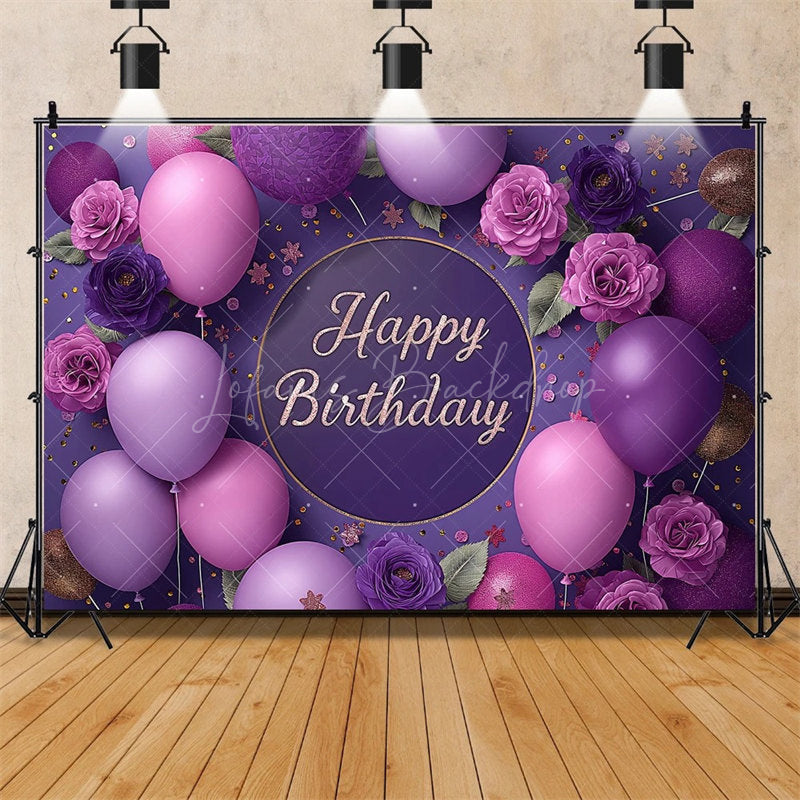 Lofaris Purple Floral Happy Birthday Backdrop for Her Elegant Roses and Balloons Glamorous Women’s Party Photo Booth Decor