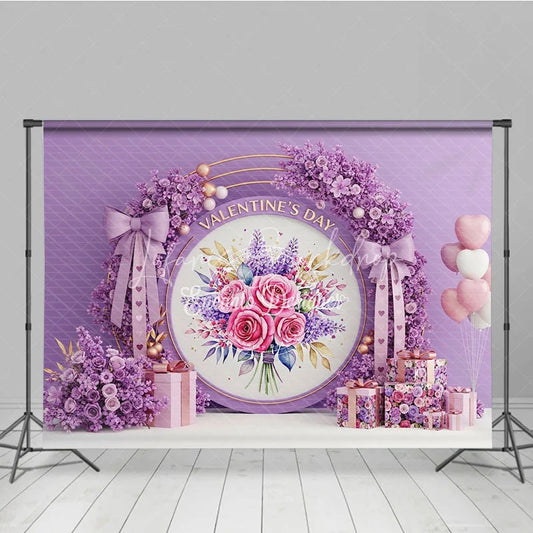 Lofaris Purple Floral Valentine Day Backdrop Rose Flower Wreath Bow Love Background Romantic Photography Banner