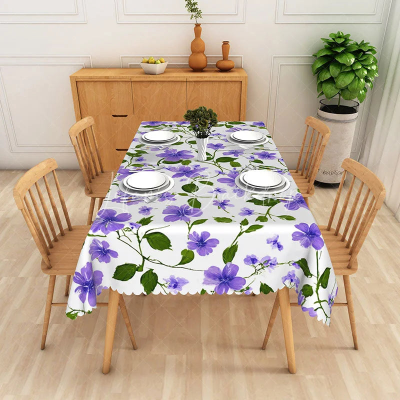 Lofaris Purple Floral Vine Rectangle Tablecloth Spring Garden Blossom Table Cover Elegant Flower Pattern Decor