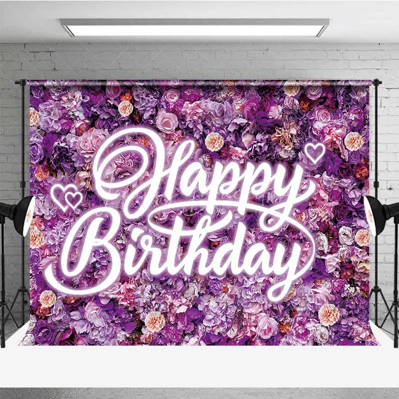 Lofaris Purple Floral Wall Happy Birthday Backdrop Neon Light Style Text Party Decoration