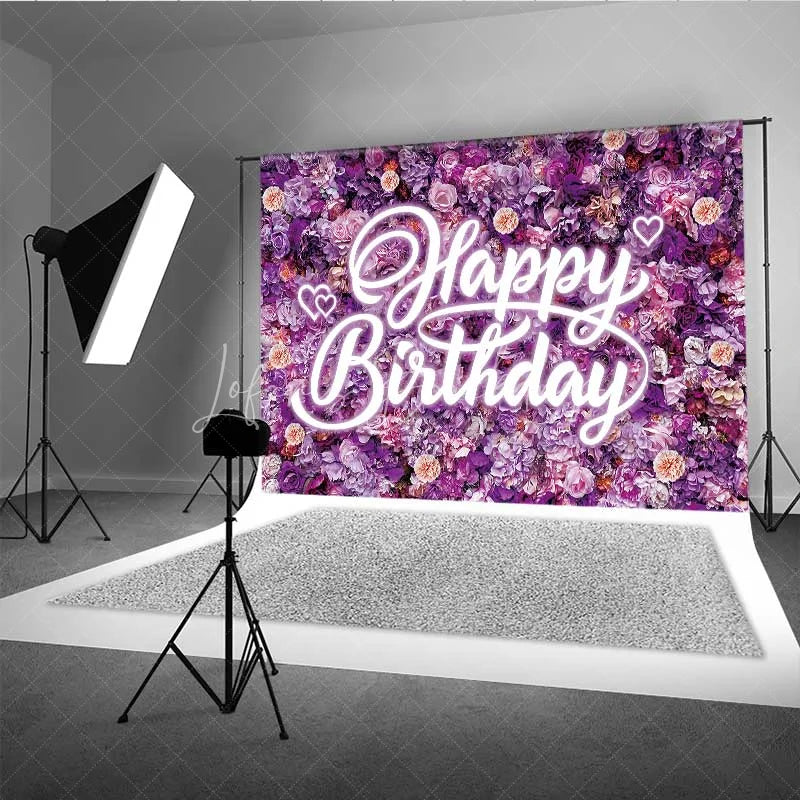 Lofaris Purple Floral Wall Happy Birthday Backdrop Neon Light Style Text Party Decoration