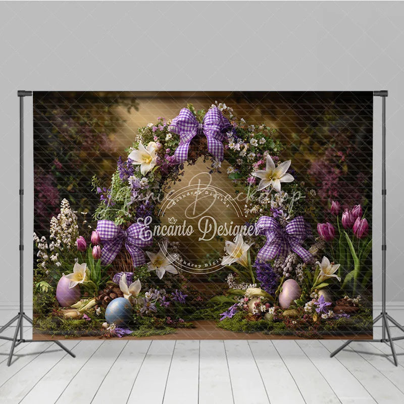 Lofaris Purple Floral Wreath Easter Backdrop Gingham Bow and Spring Lily Photography Background