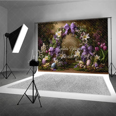 Lofaris Purple Floral Wreath Easter Backdrop Gingham Bow and Spring Lily Photography Background