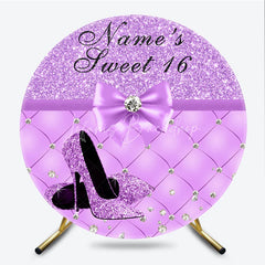 Lofaris Purple Glitter Sweet Sixteen Round Backdrop Elegant High Heels Diamond Bow Quilted Pattern Party