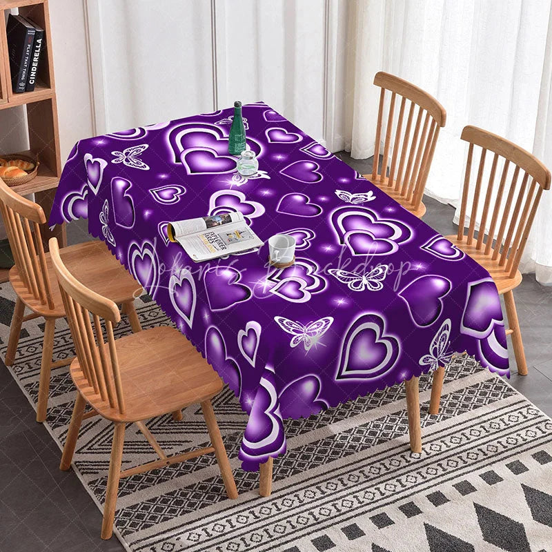 Lofaris Purple Glowing Heart Butterfly Rectangle Tablecloth Neon Light Love Pattern Romantic Fantasy Dining Decor