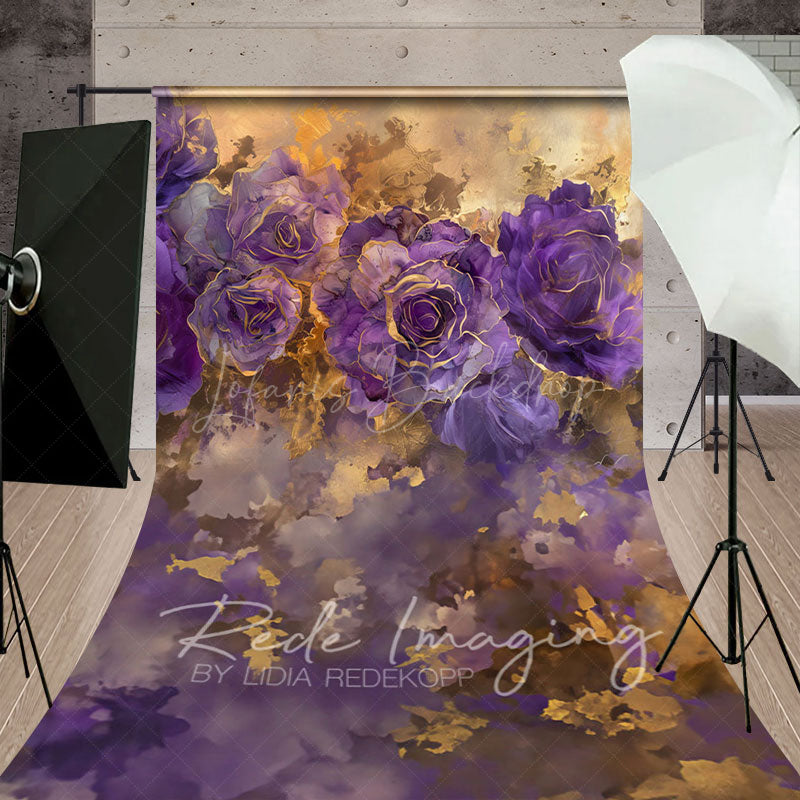Lofaris Purple Gold Abstract Floral Fine Art Sweep Backdrop