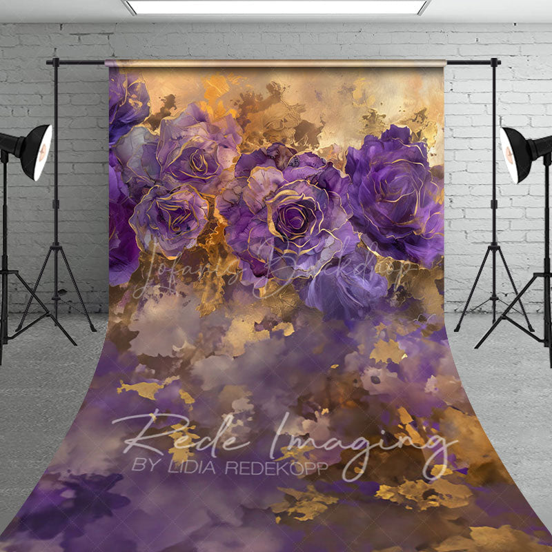 Lofaris Purple Gold Abstract Floral Fine Art Sweep Backdrop