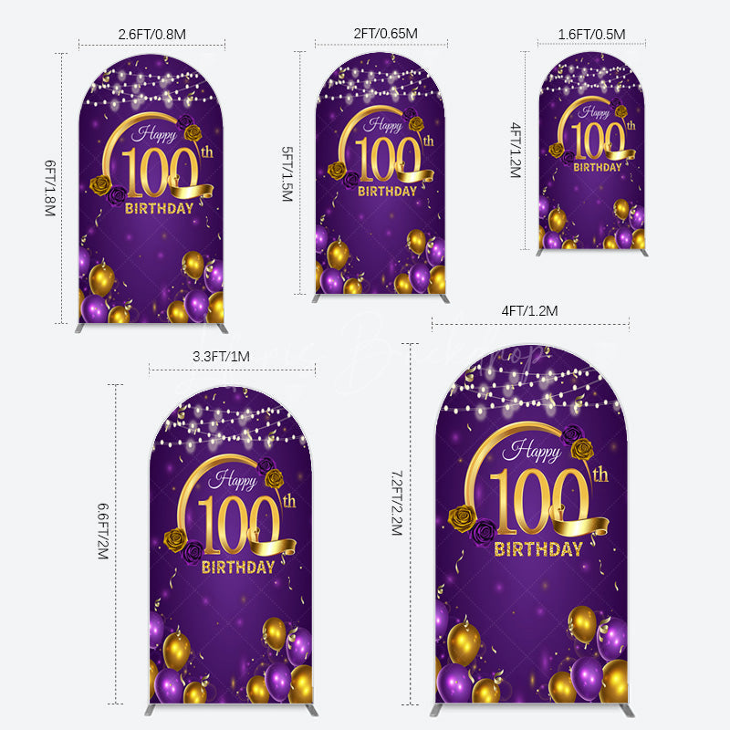Lofaris Purple Gold Balloons 100th Birthday Arch Backdrop