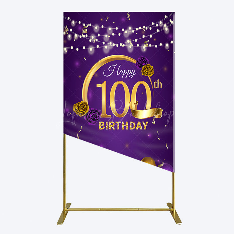 Lofaris Purple Gold Balloons 100th Birthday Rectangle Backdrop